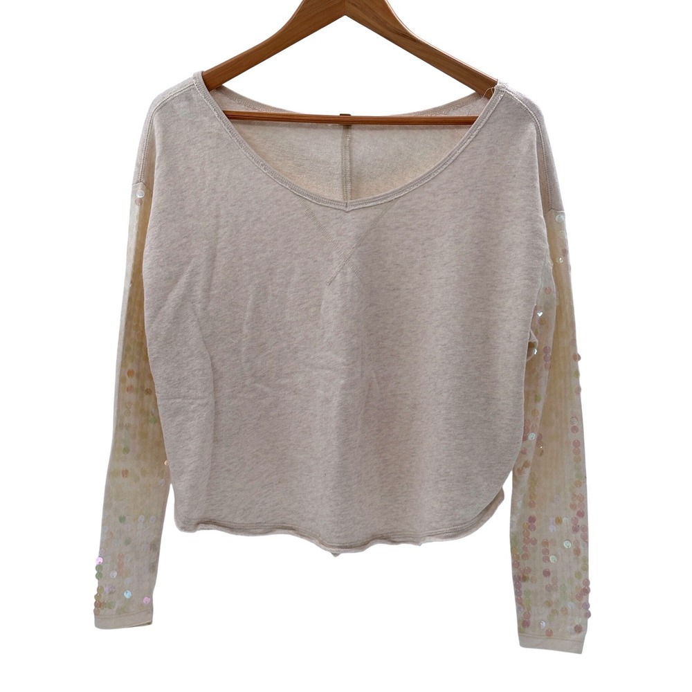 Free People Top Sweatshirt Sequin Sleeves Women Size‎ XS Beige Cream